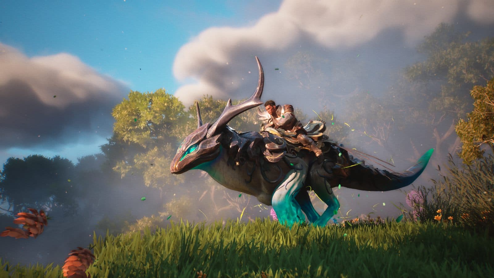 Guild Wars 3 reveal screenshot of a Vaelwarden riding a Seeker mount across sunlit Orrian grassland
