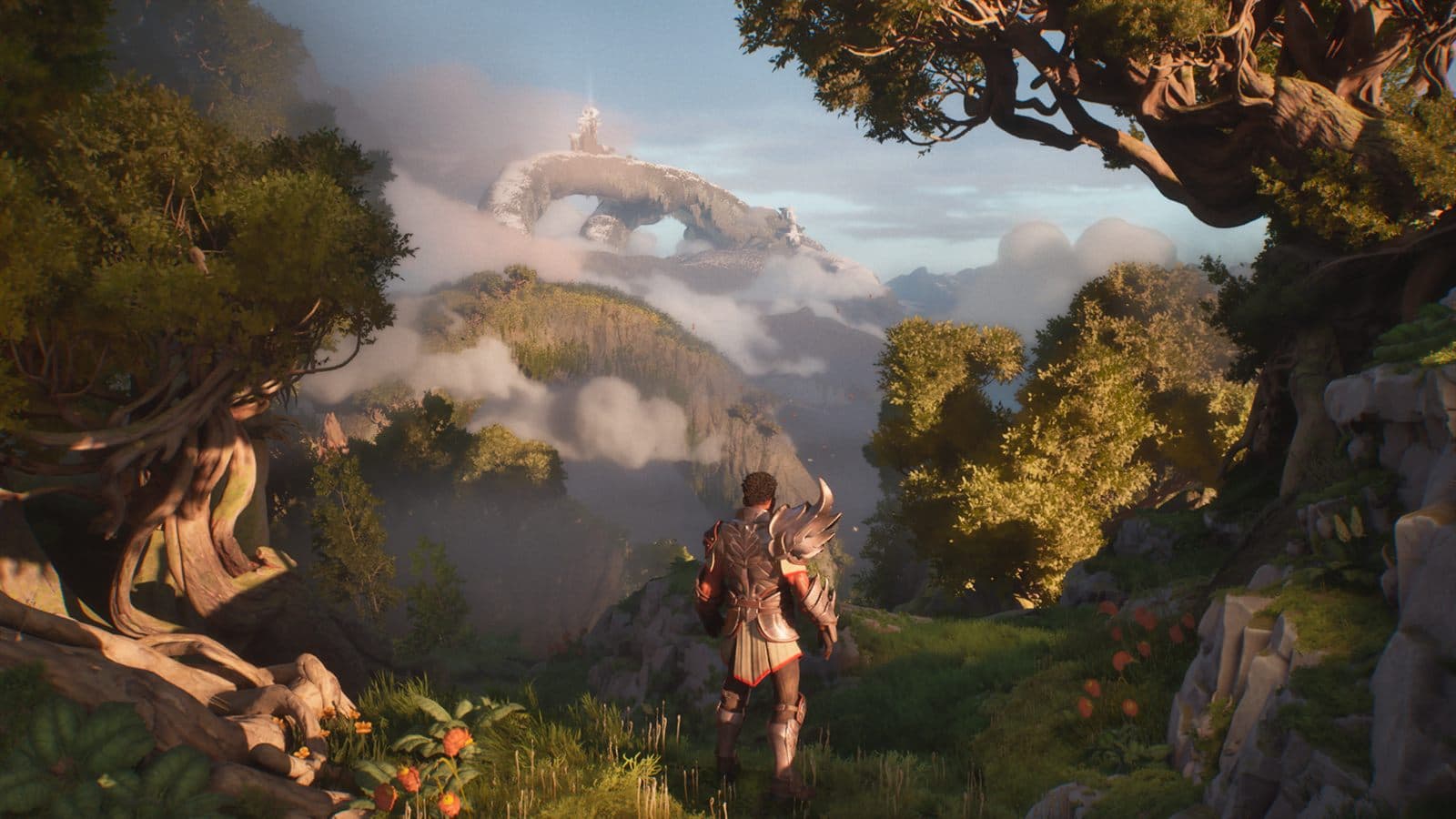 Guild Wars 3 reveal screenshot of a Vaelwarden overlooking an Orrian valley with a floating arch of stone
